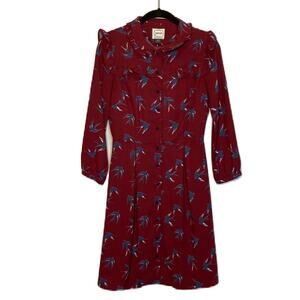 Joanie Maroon Bird Print Tee Shirt Peter Pan Collar Cutesy Dress Size 4